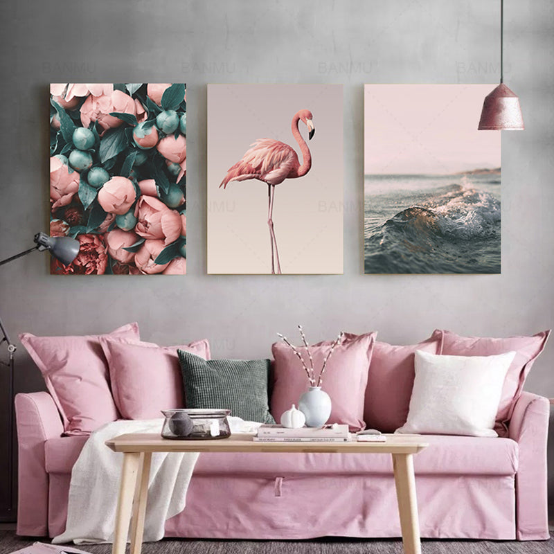Romantic Flamingo Rose Sea Wave Print Animal Painting Modern Wall Art Poster Home Decoration