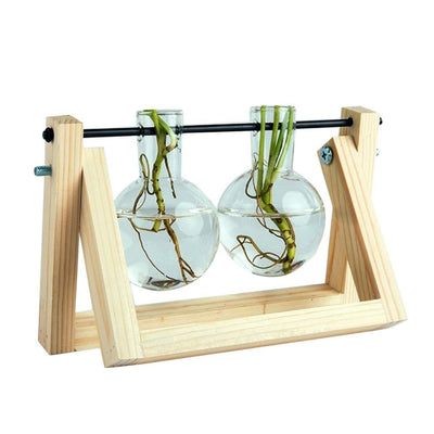 Desktop Glass Planter Bulb Vase with Retro Solid Wooden Stand and Metal Swivel Holder for Hydroponics Plants