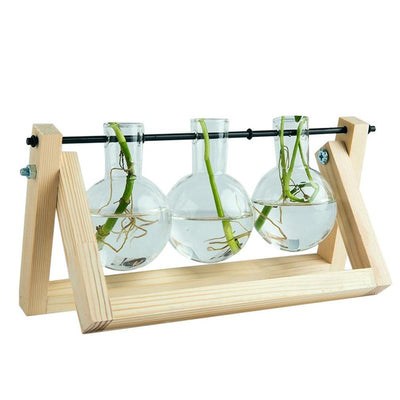 Desktop Glass Planter Bulb Vase with Retro Solid Wooden Stand and Metal Swivel Holder for Hydroponics Plants