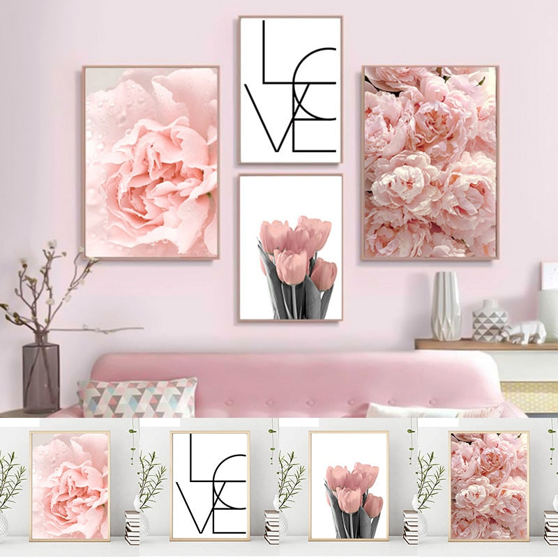 Pink Peony Tulips Rose Flower Wall Art Canvas Painting